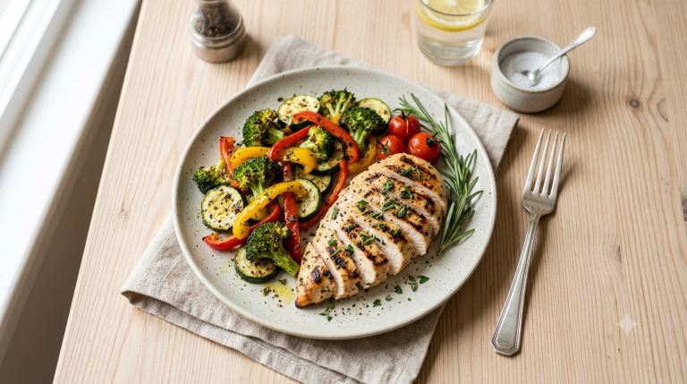 Diabetic-friendly dinner plate with grilled chicken and roasted vegetables