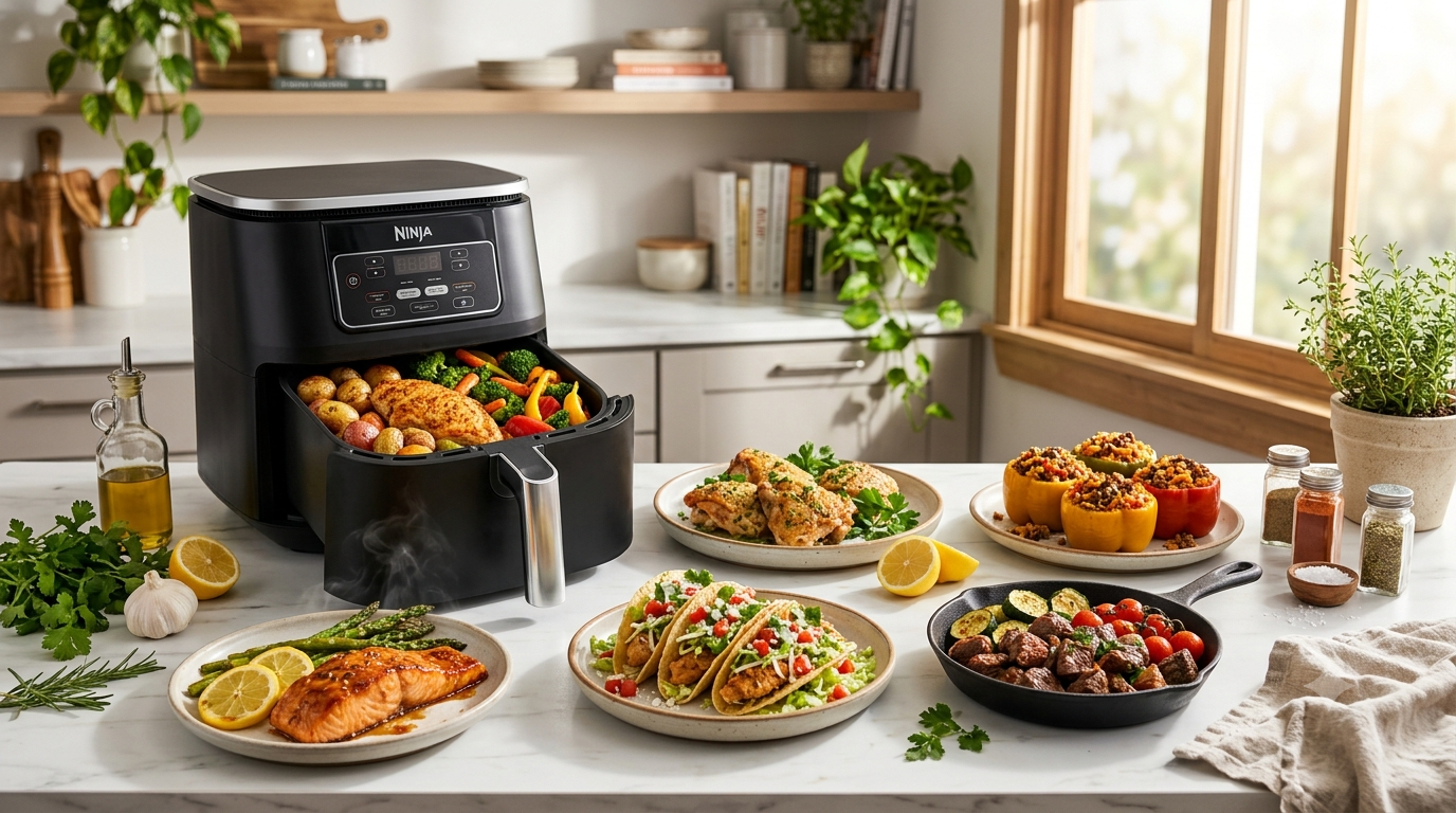 Golden crispy air fryer dinner recipes featuring chicken, salmon, roasted vegetables, tacos, and potatoes on a modern kitchen countertop.