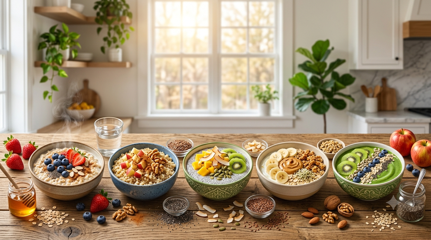 Five colorful high-fiber breakfast bowls made with oats, Greek yogurt, berries, chia seeds, quinoa, bananas, kiwi, nuts, and seeds to support gut health.