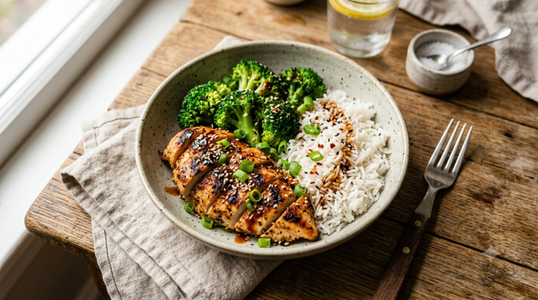 High-protein dinner bowl with grilled chicken, broccoli, and rice